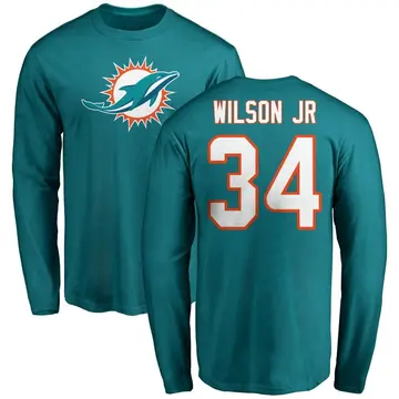 Men's Jeff Wilson Jr. Miami Dolphins Name & Number Logo Long Sleeve T-Shirt - Aqua
