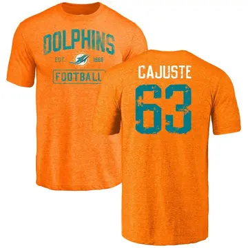 Men's Yodny Cajuste Miami Dolphins Orange Distressed Name & Number Tri-Blend T-Shirt
