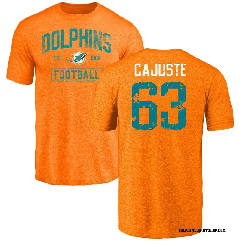 Men's Yodny Cajuste Miami Dolphins Orange Distressed Name & Number Tri-Blend T-Shirt