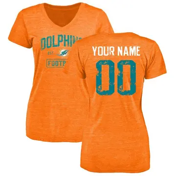 Women's Custom Miami Dolphins Orange Distressed Custom Name & Number Tri-Blend V-Neck T-Shirt