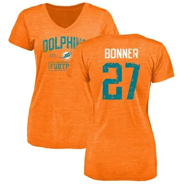 Women's Ethan Bonner Miami Dolphins Orange Distressed Name & Number Tri-Blend V-Neck T-Shirt