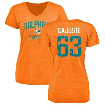 Women's Yodny Cajuste Miami Dolphins Orange Distressed Name & Number Tri-Blend V-Neck T-Shirt